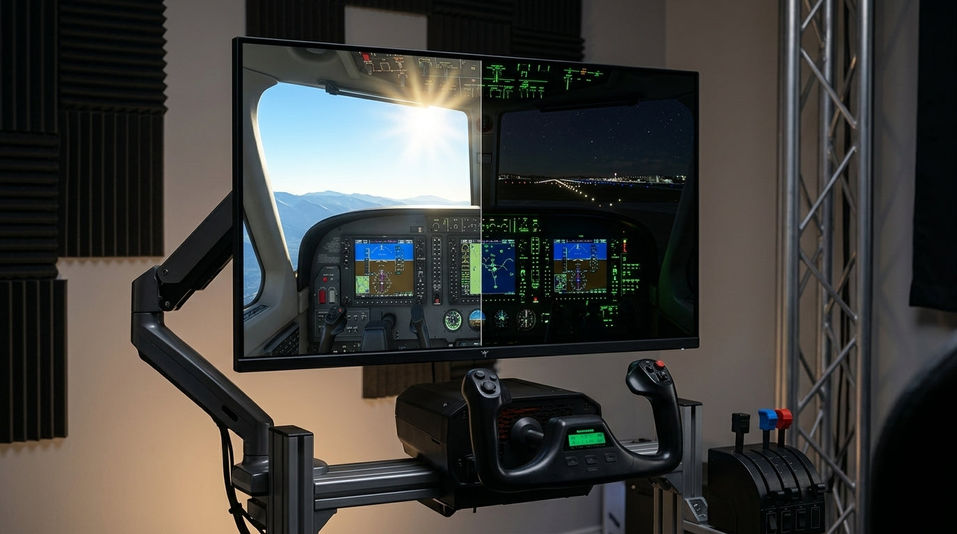 A professional flight simulator rig with a large monitor showing a split view of a cockpit: one side in bright daylight with sun glare, the other in pitch black night with glowing instruments.
