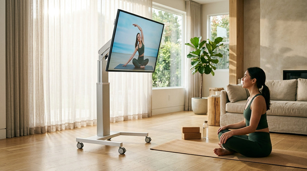 A modern rolling smart display positioned next to a yoga mat in a bright, minimalist living room with a person practicing floor stretches.