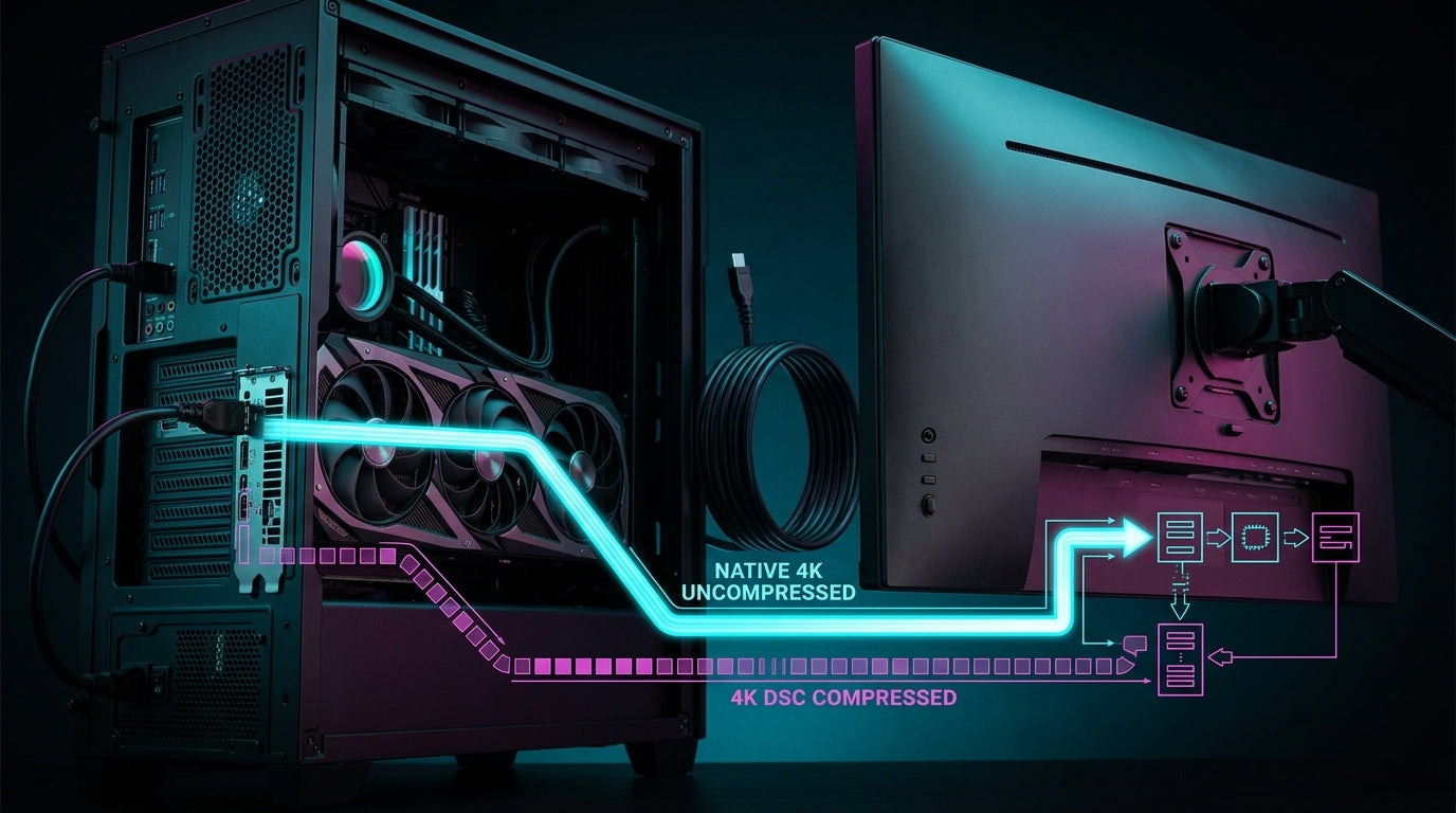 A technical visualization of a high-end graphics card connected to a 4K monitor, illustrating the difference between a high-bandwidth native signal (UHBR20) and a compressed signal (DSC) using flowing data streams.