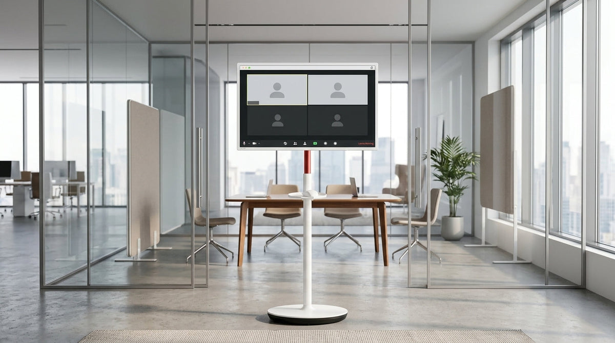A mobile smart touch display on a rolling stand in a modern corporate huddle room, showing a video conference interface with remote participants.