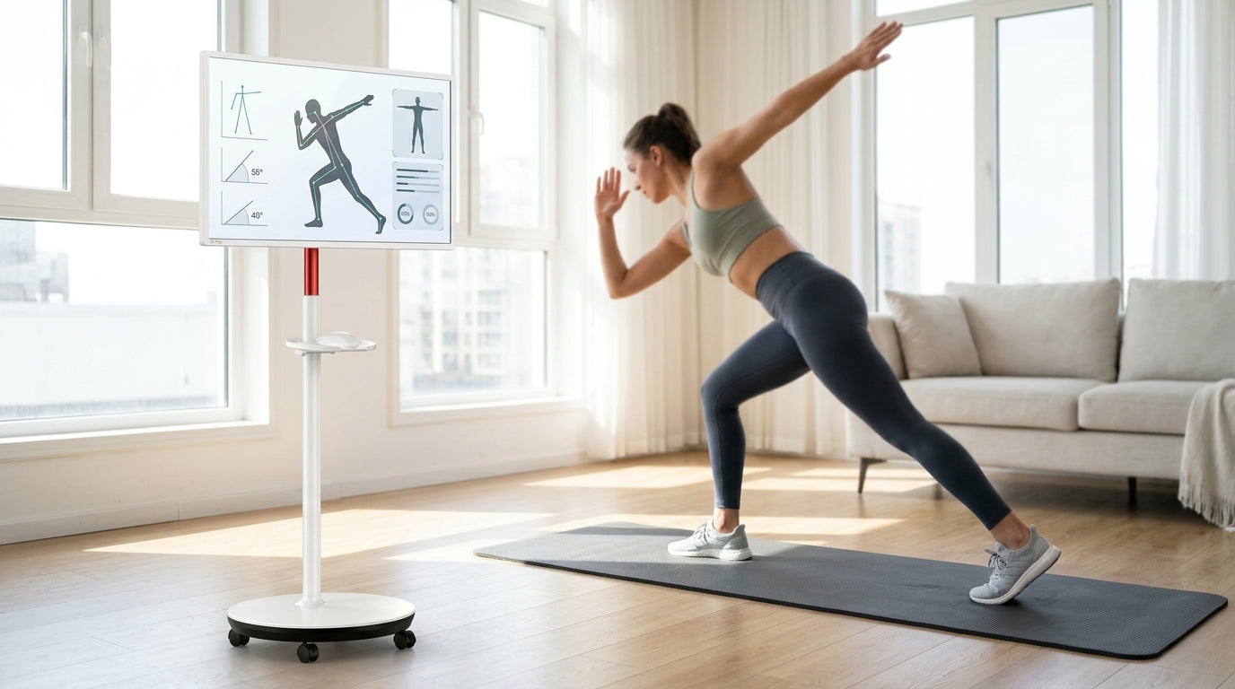 A person doing a lunge on a yoga mat in a sunlit living room, using a mobile touchscreen monitor on a wheeled stand that is lowered to floor level for real-time AI form feedback.