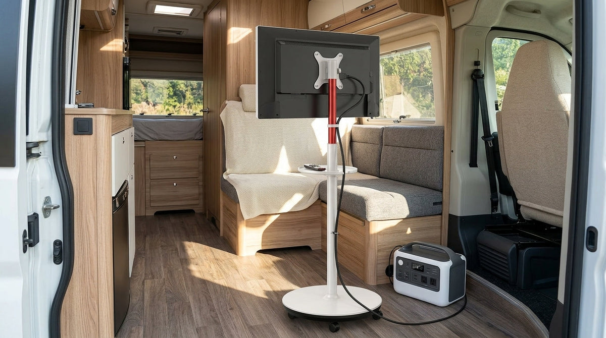 A mobile smart screen on an adjustable wheeled stand inside a camper van, connected to a power source with visible wheels and height adjustment.