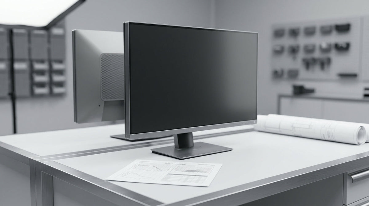 A high-end gaming monitor on a clean workbench with a professional calibration certificate resting in front, symbolizing quality assurance.