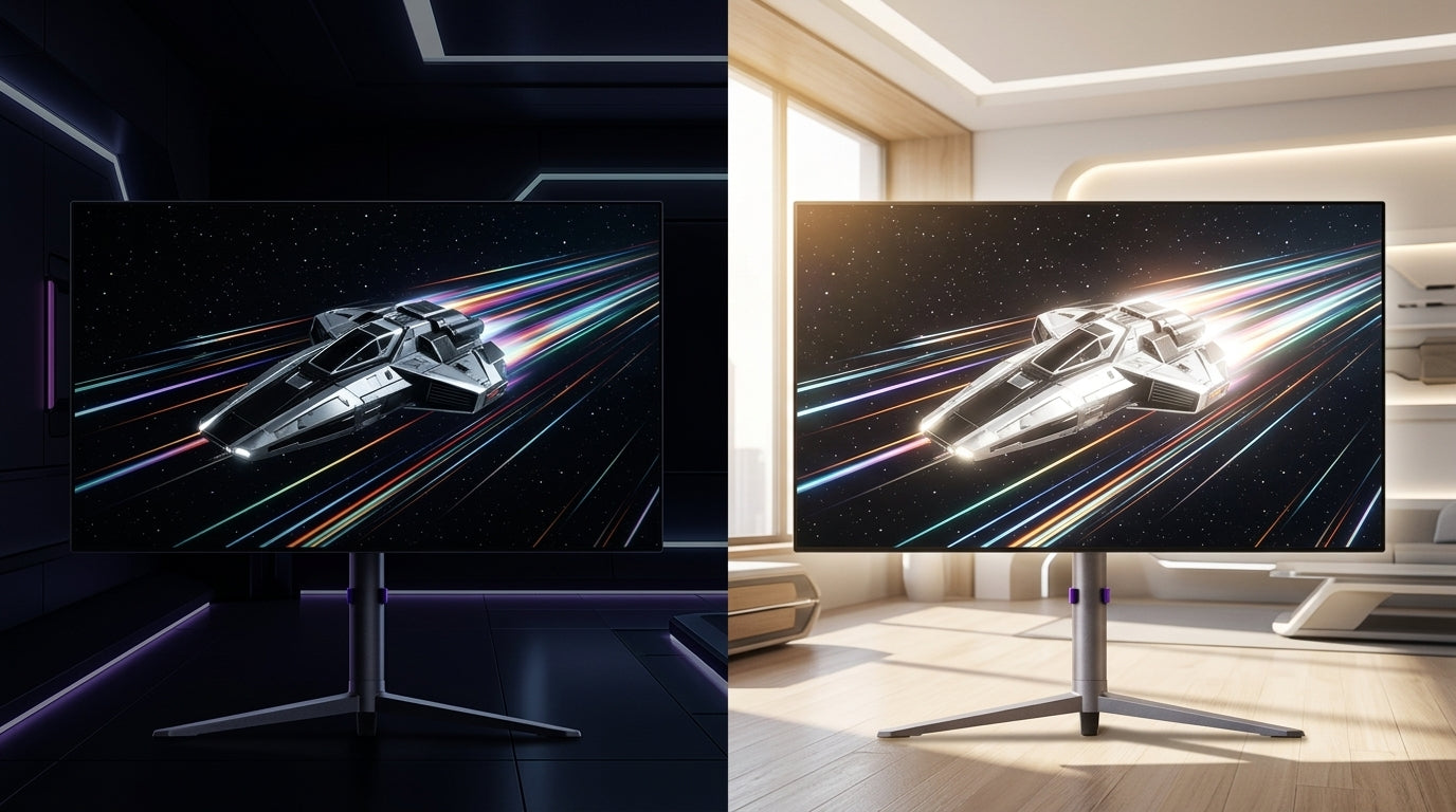 A split-screen comparison showing a futuristic OLED gaming setup in a dark room with sharp motion trails on the left, and a bright-room Mini-LED setup with high-intensity brightness and subtle haloing effects on the right.