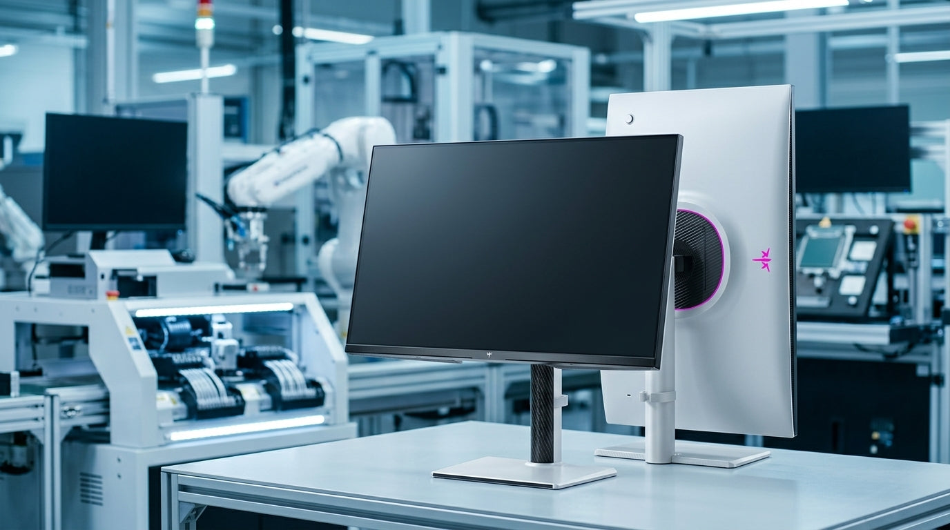 A professional view of a modern monitor factory, featuring a high-end Mini-LED display in the foreground and automated assembly lines for LED backlights in the background.
