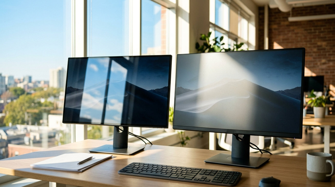 A side-by-side comparison of a glossy OLED monitor reflecting a bright office window versus a matte OLED monitor with diffused light in a sun-drenched workspace.