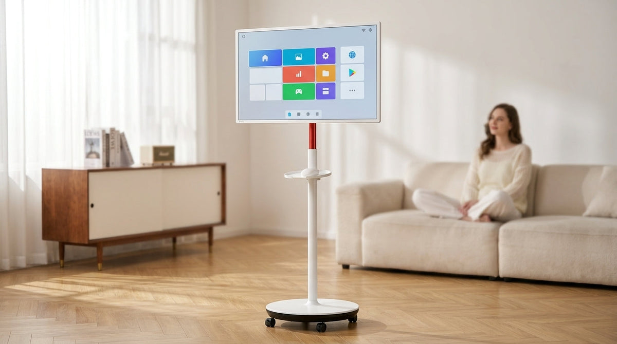 A large mobile smart touch screen monitor on a rolling stand in a modern, sunlit living room, showing a clean system dashboard.
