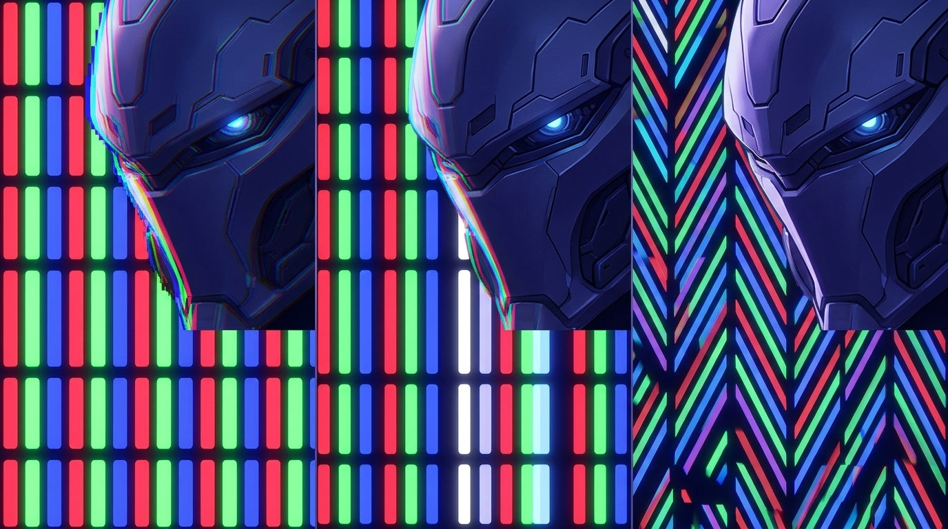 A technical macro visualization comparing different OLED subpixel layouts including RGB stripe, RWGB, and V-stripe patterns, showing how they render text edges at high magnification.