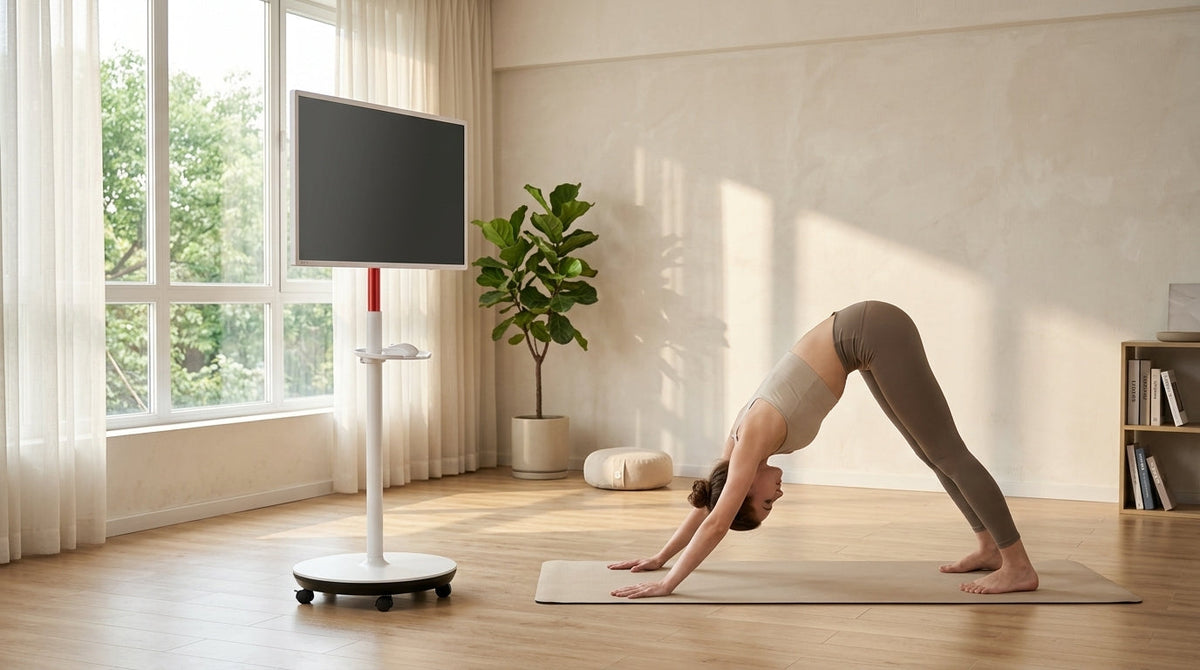 A woman practicing yoga on a mat in a bright, minimalist modern apartment, following a workout on a large mobile touch screen monitor on a rolling stand positioned at eye level.