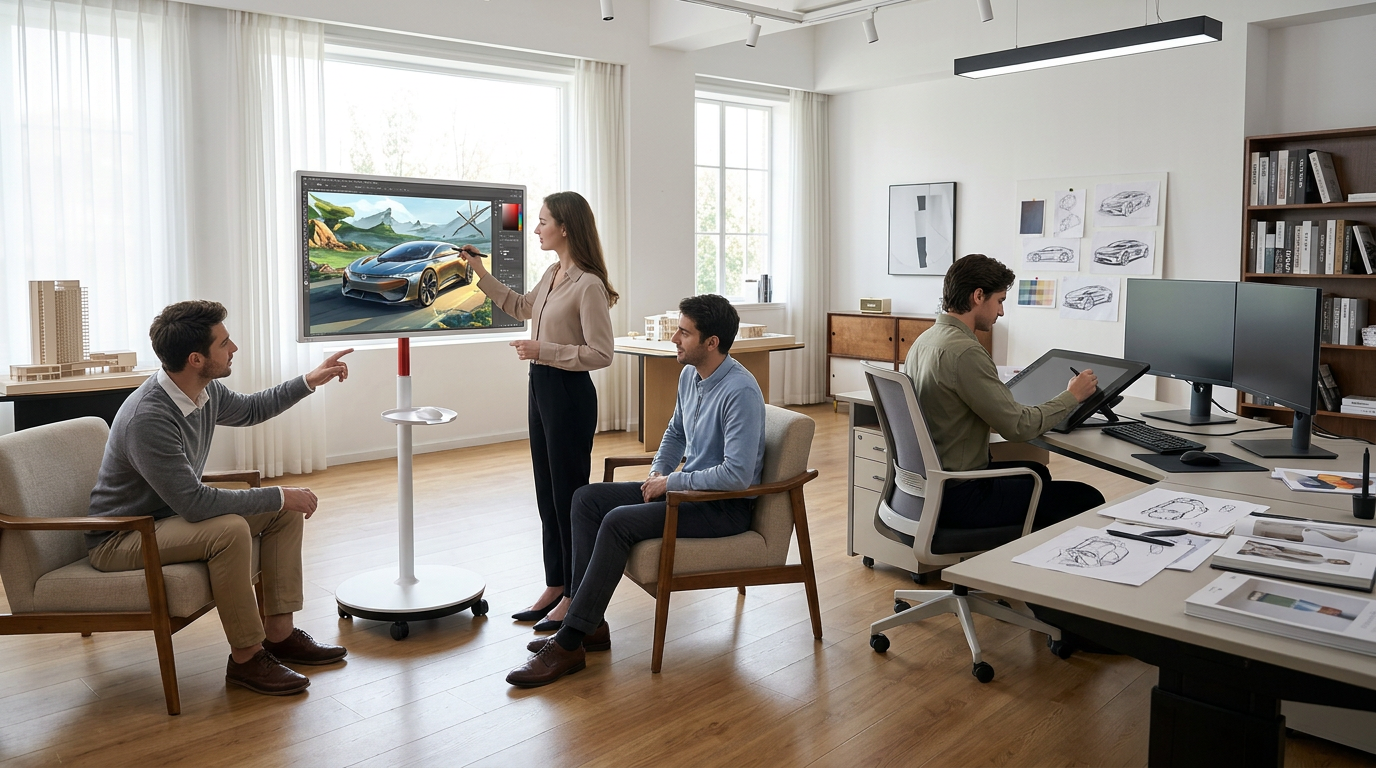 A modern studio showing a hybrid workflow with a large rolling touch monitor for client reviews and a traditional pen tablet workstation.