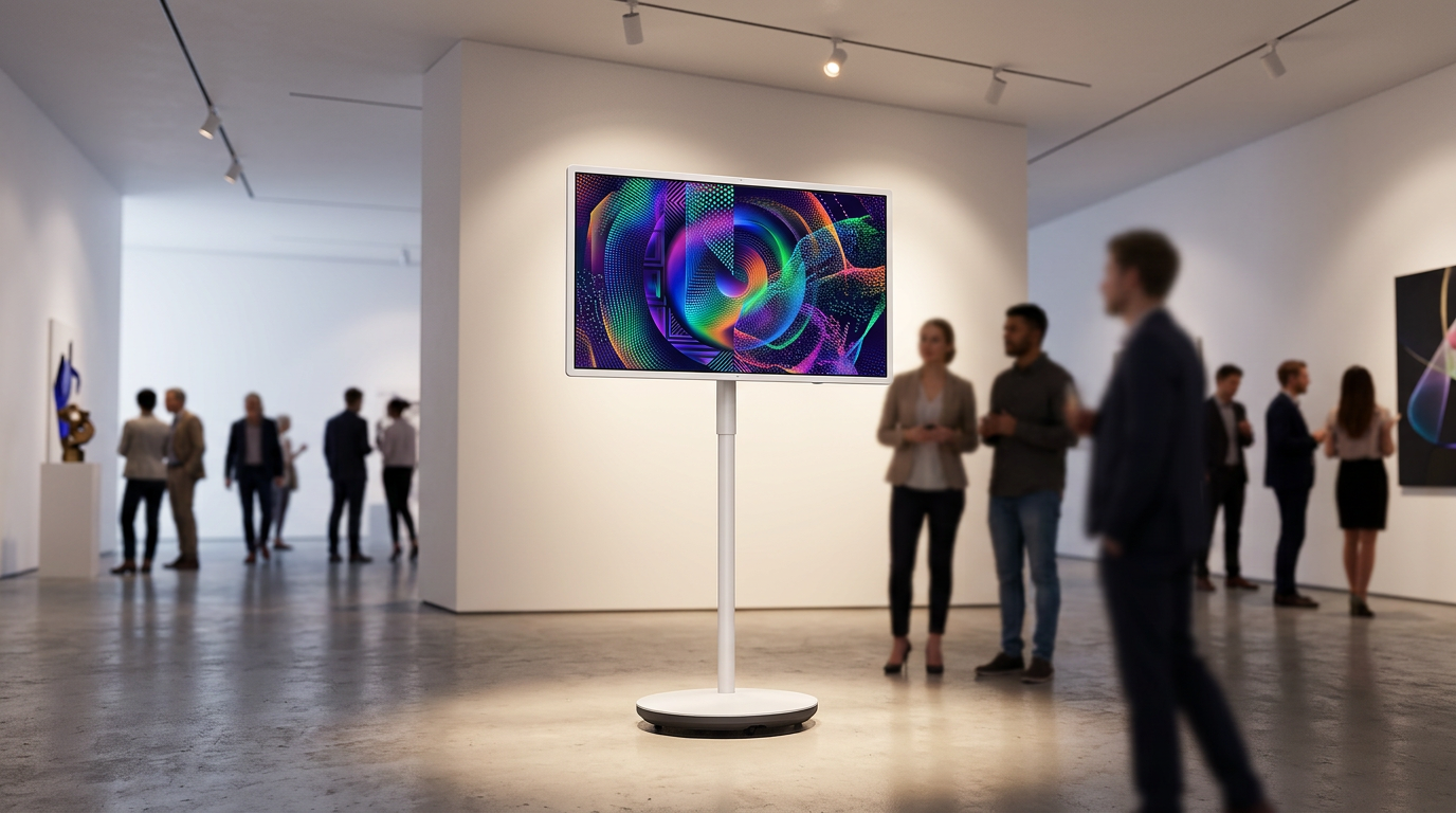 A 32-inch 4K mobile touch screen monitor on a sleek rolling stand displaying vibrant generative digital art in a modern pop-up gallery setting with visitors.