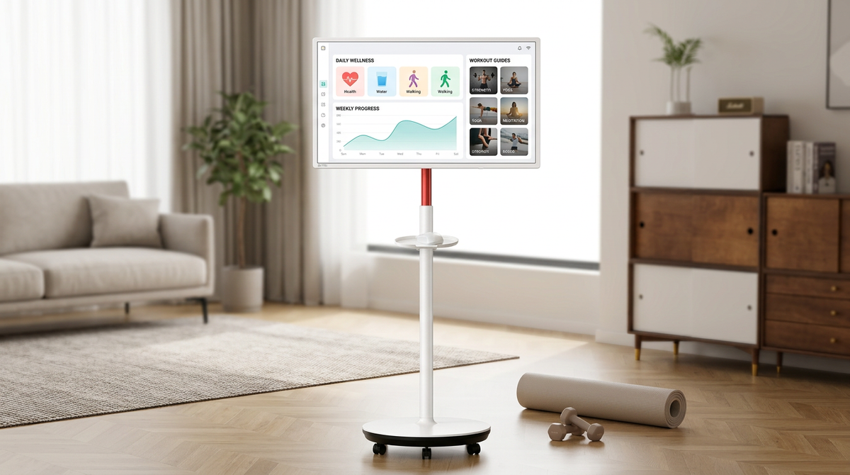 A mobile smart touch screen display on a rolling stand set up in a modern home environment for rehabilitation.