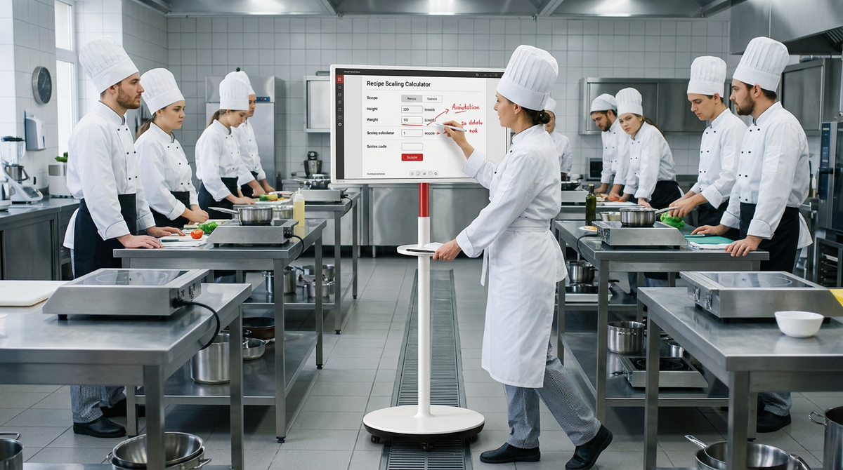 A culinary instructor wheeling a mobile interactive screen between student stations in a commercial training kitchen.