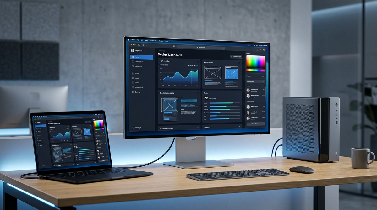 A sleek 27-inch 5K monitor on a modern prosumer desk with a dual computer setup and high-tech office lighting.