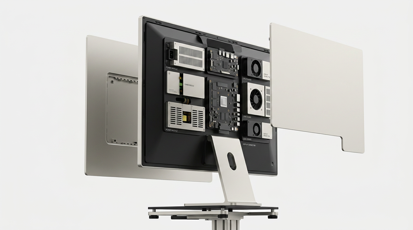 A technical illustration of a modular monitor with its back panel removed, showing clearly organized internal modules like the power board and controller board designed for easy replacement.