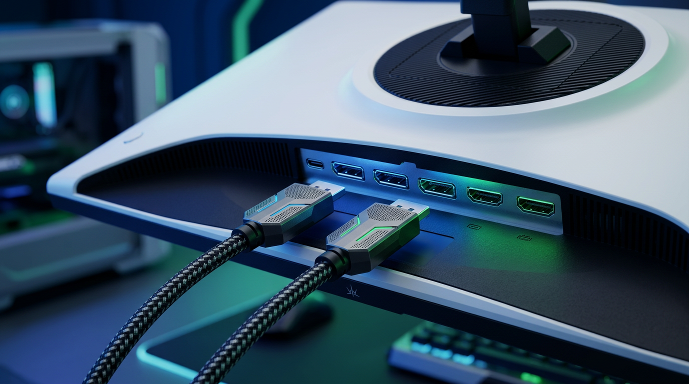 A close-up view of a high-end monitor's connection panel showing DisplayPort and HDMI ports with modern cables in a futuristic 2026 gaming setup, featuring blue and green ambient lighting.