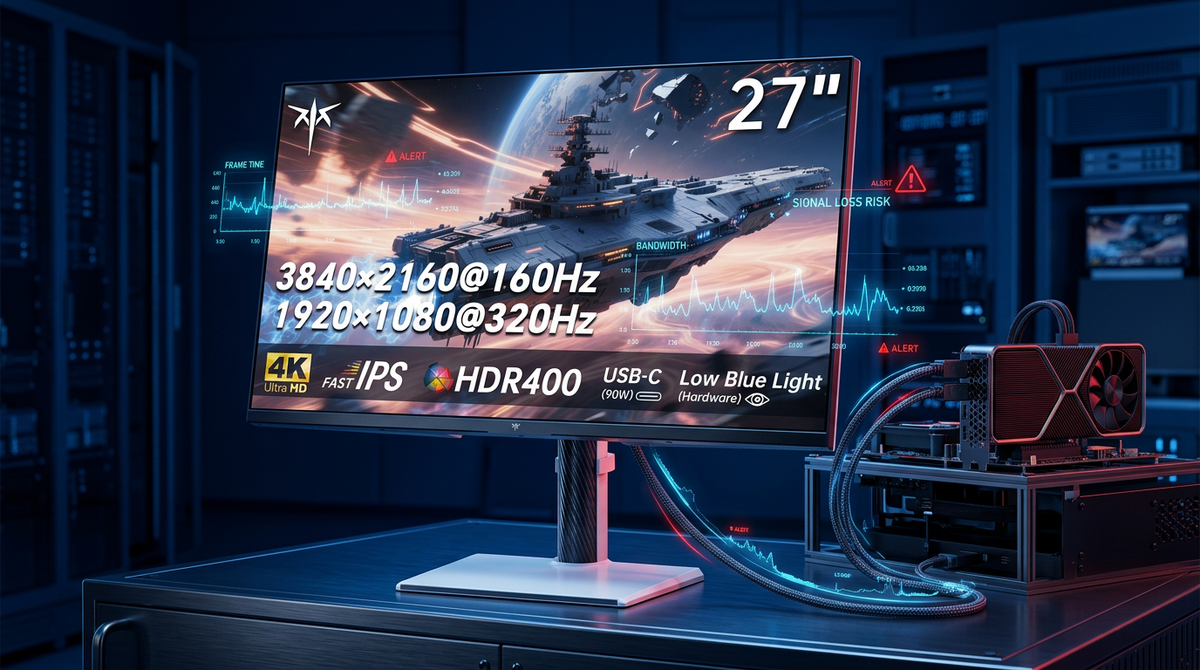 A dramatic tech audit visualization of a high-end graphics card connected to a gaming monitor with digital overlays of bandwidth graphs and warning icons for hidden display bottlenecks.