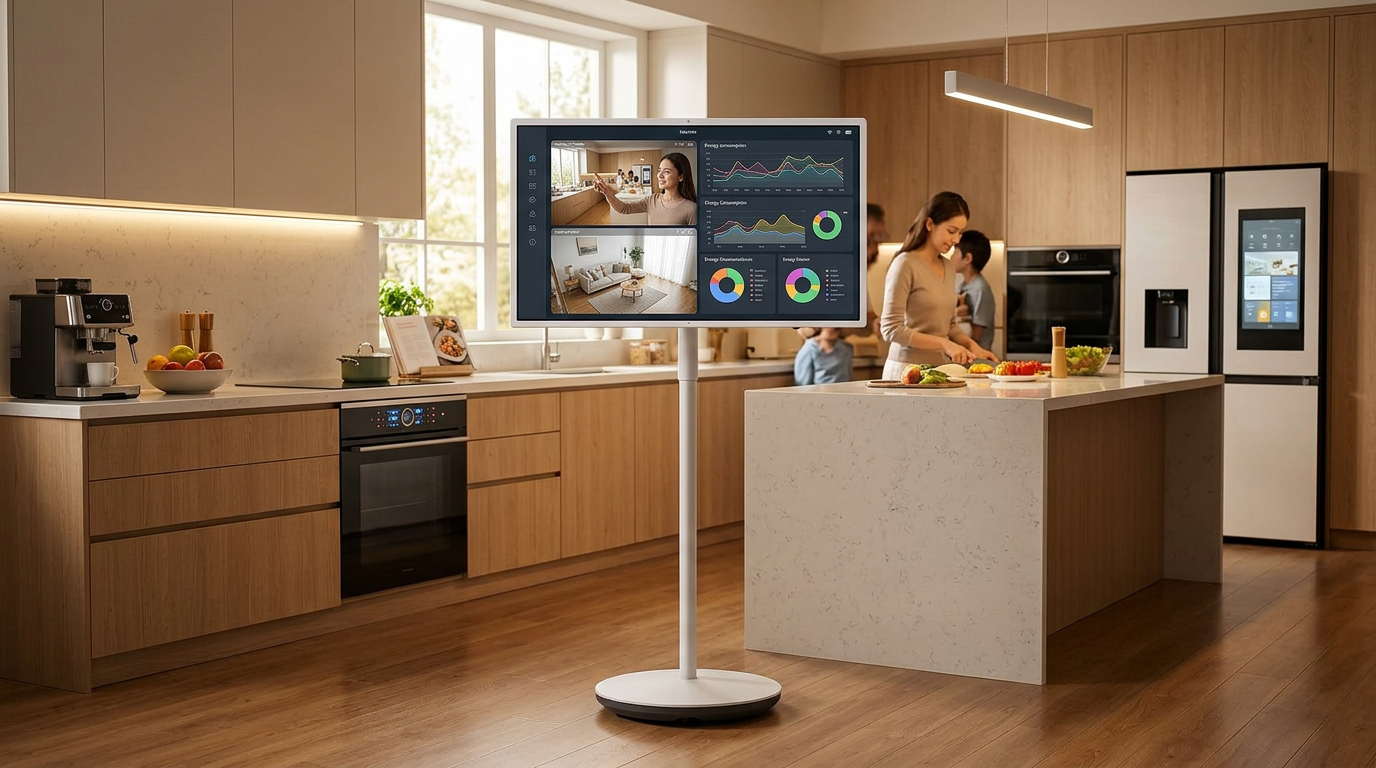 A large mobile smart touch monitor on a rolling stand in a modern smart home kitchen, showing a smart home dashboard with security camera feeds and energy graphs.