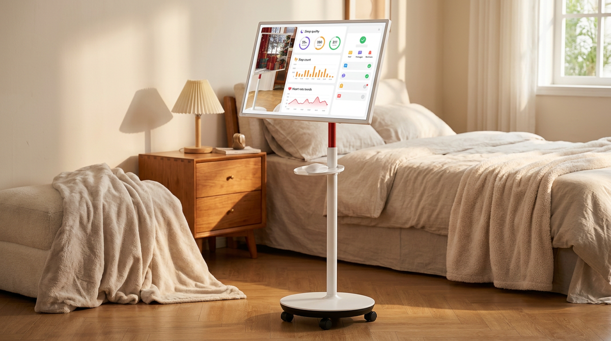 A large vertical smart screen on a mobile rolling stand positioned in a bright, modern bedroom for senior care, displaying a health monitoring dashboard with simplified data trends.