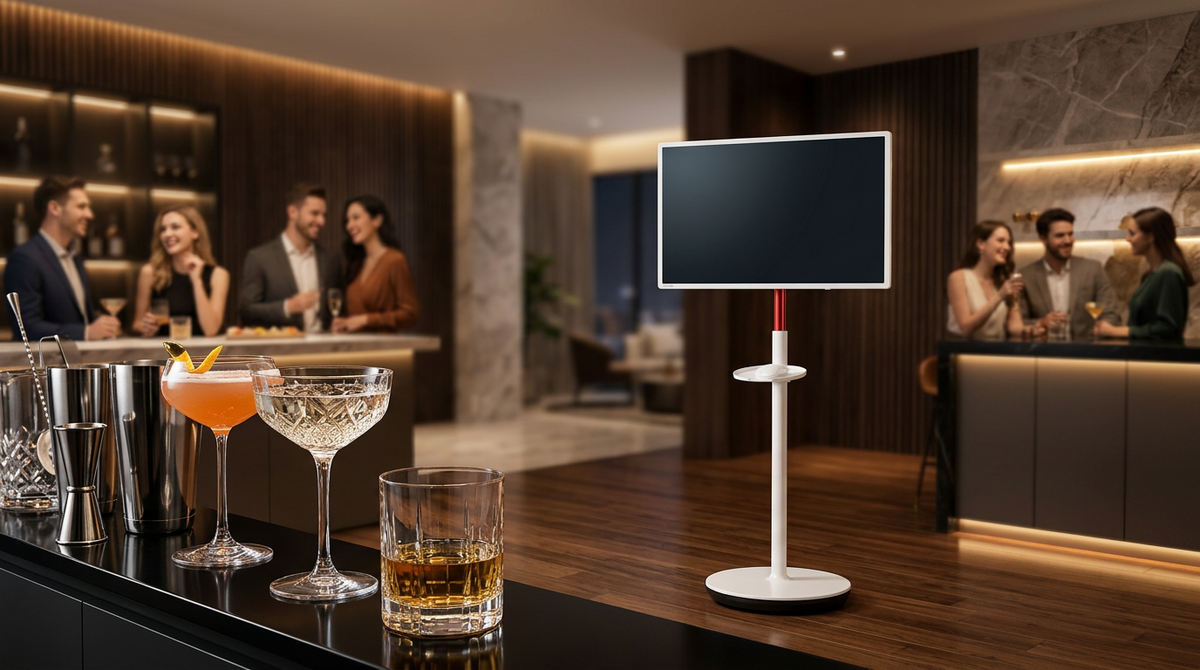 A large smart display on a mobile stand in a sophisticated home bar setting with cocktails and guests in the background.