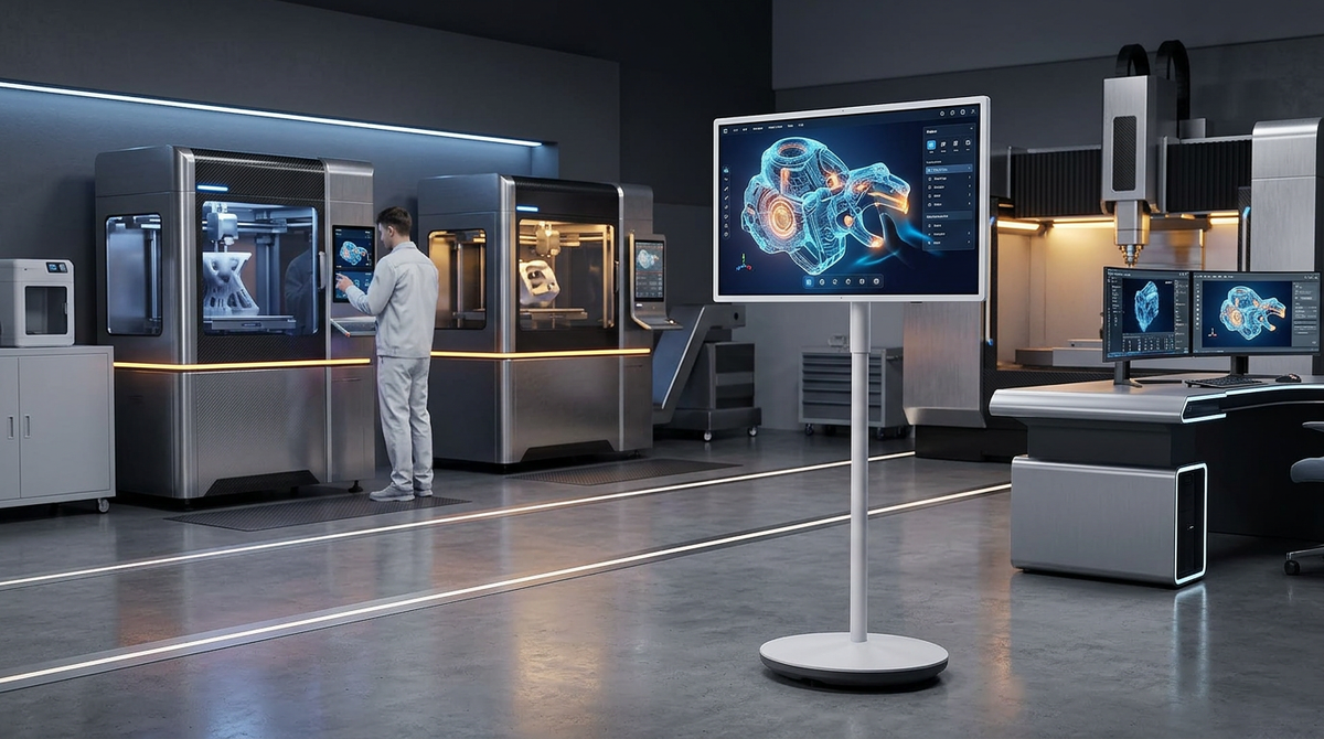 A large touchscreen monitor on a mobile rolling stand positioned in a contemporary maker space filled with high-tech fabrication equipment.
