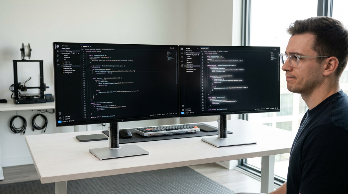 A skeptical creator at a dual-monitor desk comparing a high-zone Mini-LED display showing clean dark UI text against a lower-zone model with visible blooming around white interface elements, in a bright home office with natural window light