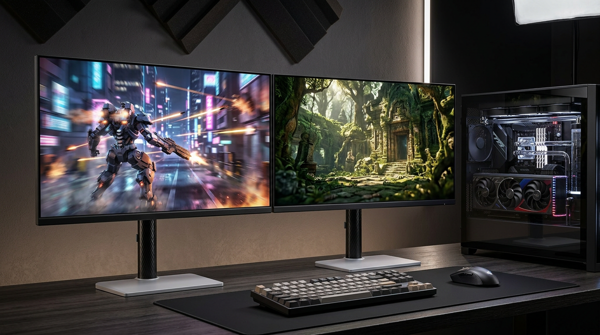 A high-end dual-monitor gaming setup on a modern desk, comparing a smooth high-refresh-rate screen with a sharp 4K display, with a powerful gaming PC tower visible in the background.