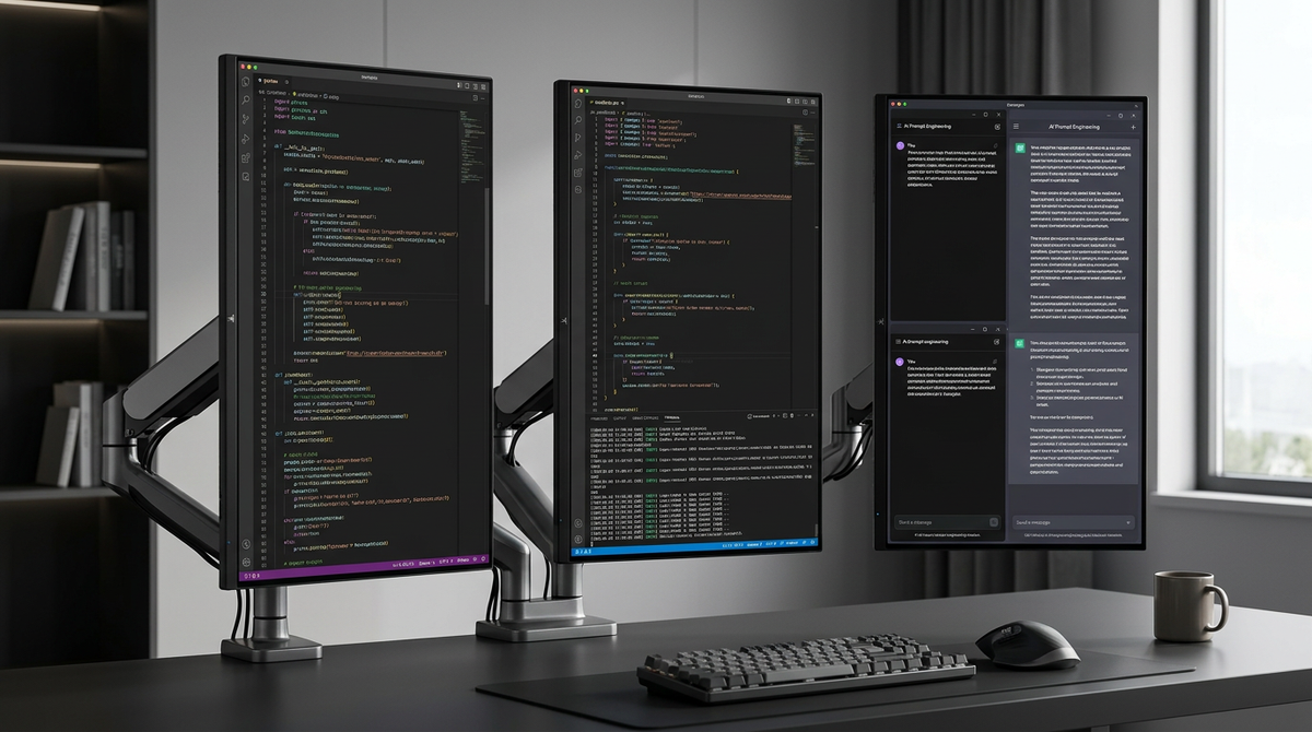 A professional 2026 AI prompting workstation featuring three high-resolution monitors in vertical portrait orientation on a deep desk, displaying dense code and AI development interfaces.