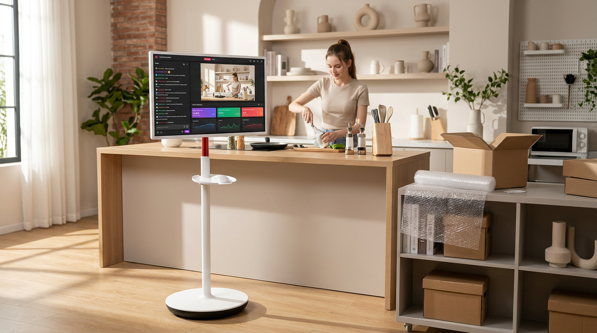 A large mobile touch monitor on a rolling stand being used by a live commerce seller in a home studio environment.