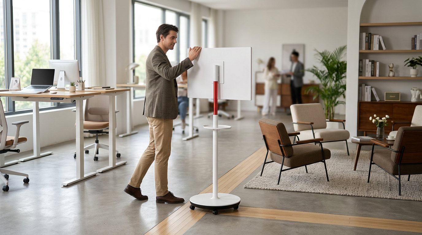 A professional in a modern office setting moving a mobile smart display on a wheeled stand from a desk to a collaboration area.