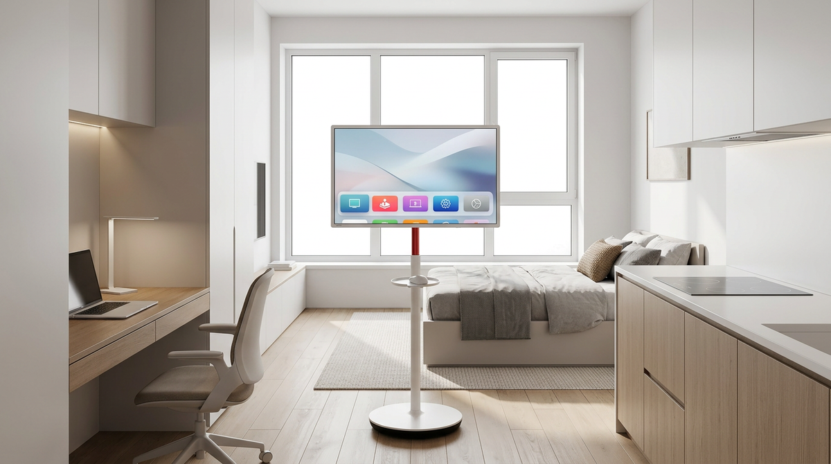 A modern micro-apartment interior showing a mobile smart screen on wheels being used in a multi-functional living space.
