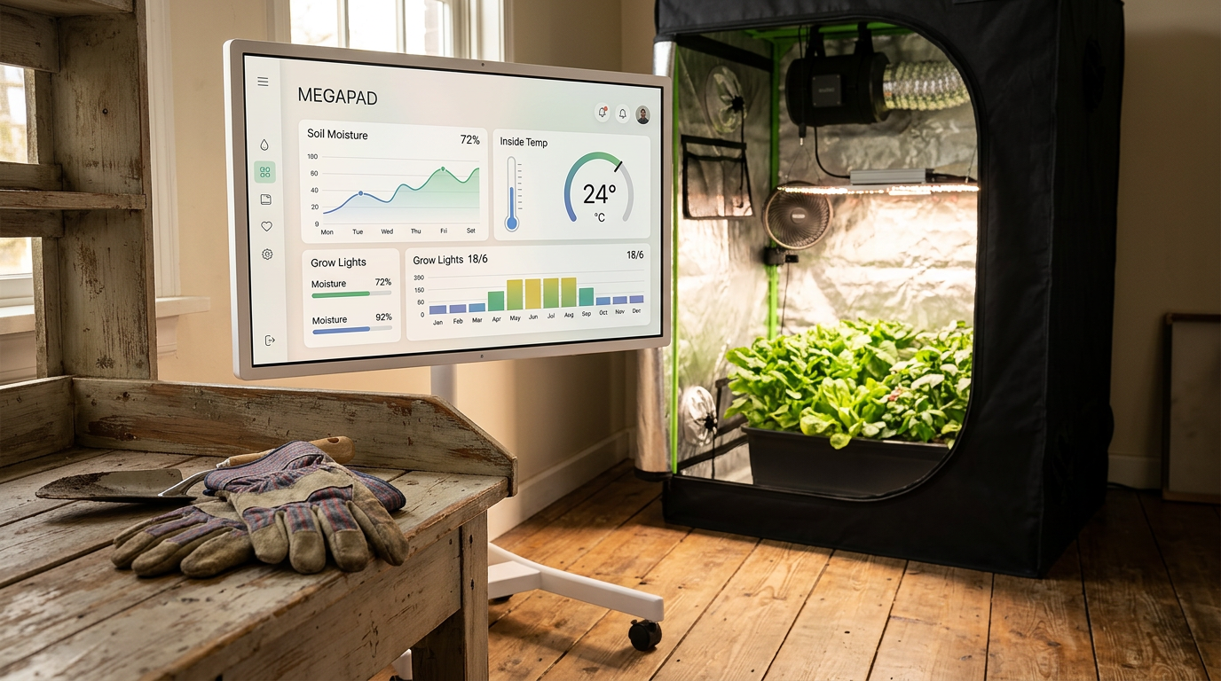 Close-up of a portable smart display dashboard showing plant growth trends and light schedules next to a grow tent, with gardening gloves nearby.