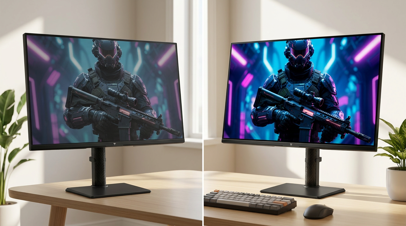 A side-by-side comparison of two OLED monitors in a brightly lit room. The monitor on the left shows slightly raised, greyish black levels due to reflections, while the KTC OLED monitor on the right maintains deep, ink-like blacks and vibrant contrast.