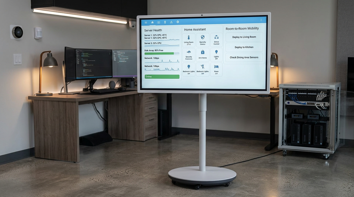 A rolling 32-inch smart touch display used as a home lab dashboard beside networking gear and a workstation