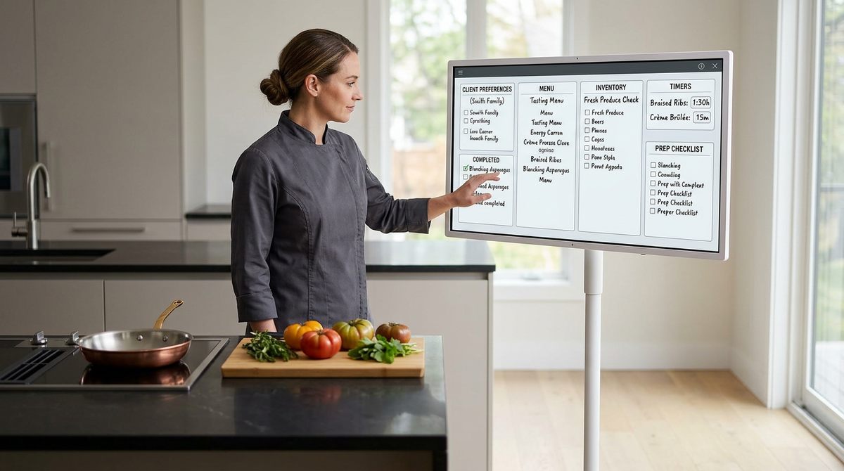 Rolling MegPad-style touch display beside a mobile chef prep setup with menus and timers visible