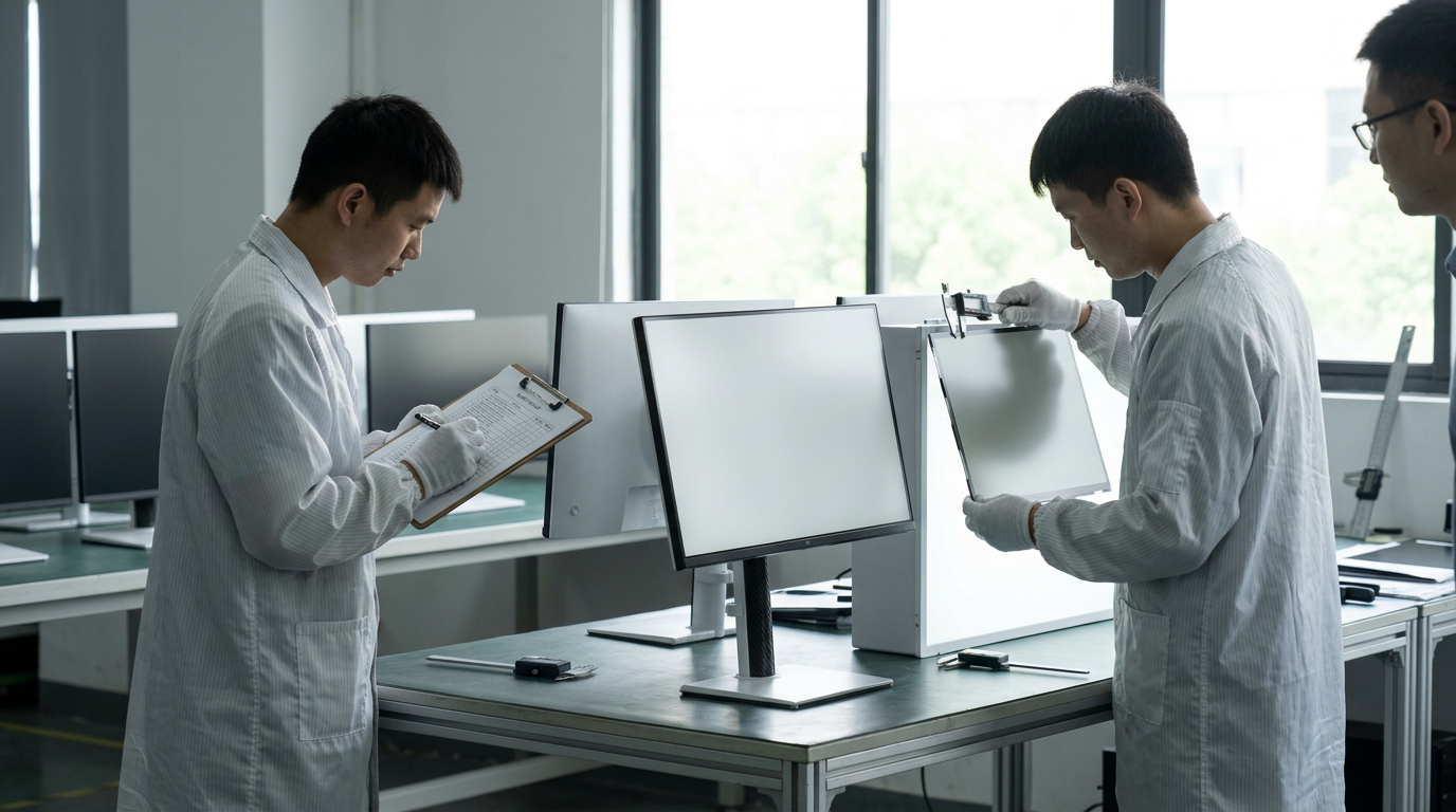A clean factory-floor audit scene showing quality inspectors reviewing flat panel samples and inspection documents.