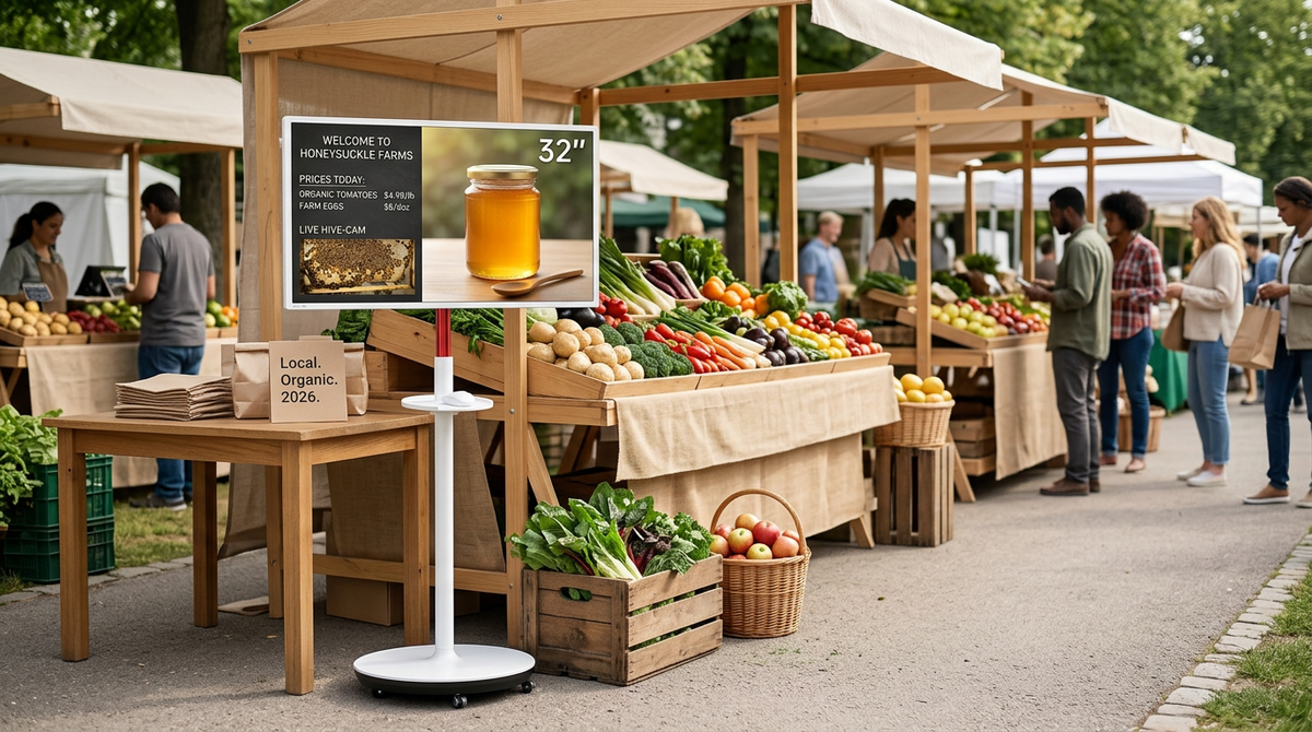 A farmers market vendor using a rolling smart display as a digital chalkboard beside fresh produce and a live camera feed.