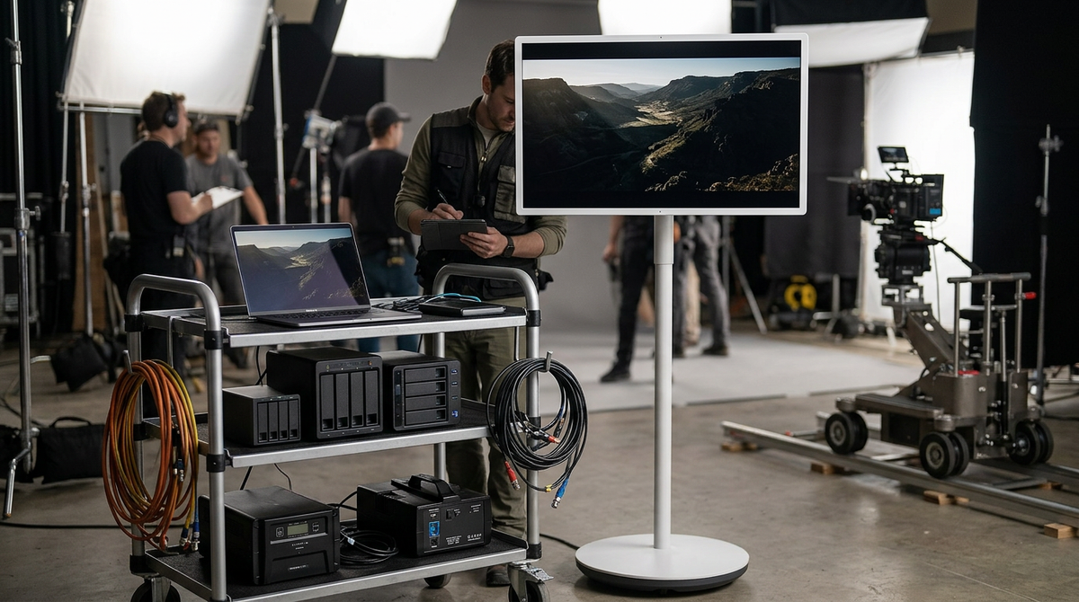 A mobile DIT monitor on a rolling cart during an on-set HDR review session