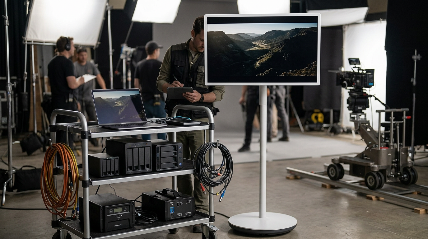 A mobile DIT monitor on a rolling cart during an on-set HDR review session