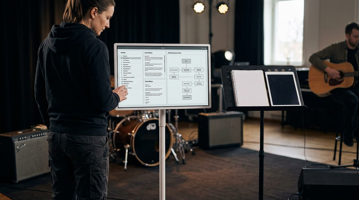 Rolling MegPad display beside a music stand in a rehearsal room for live performance cues