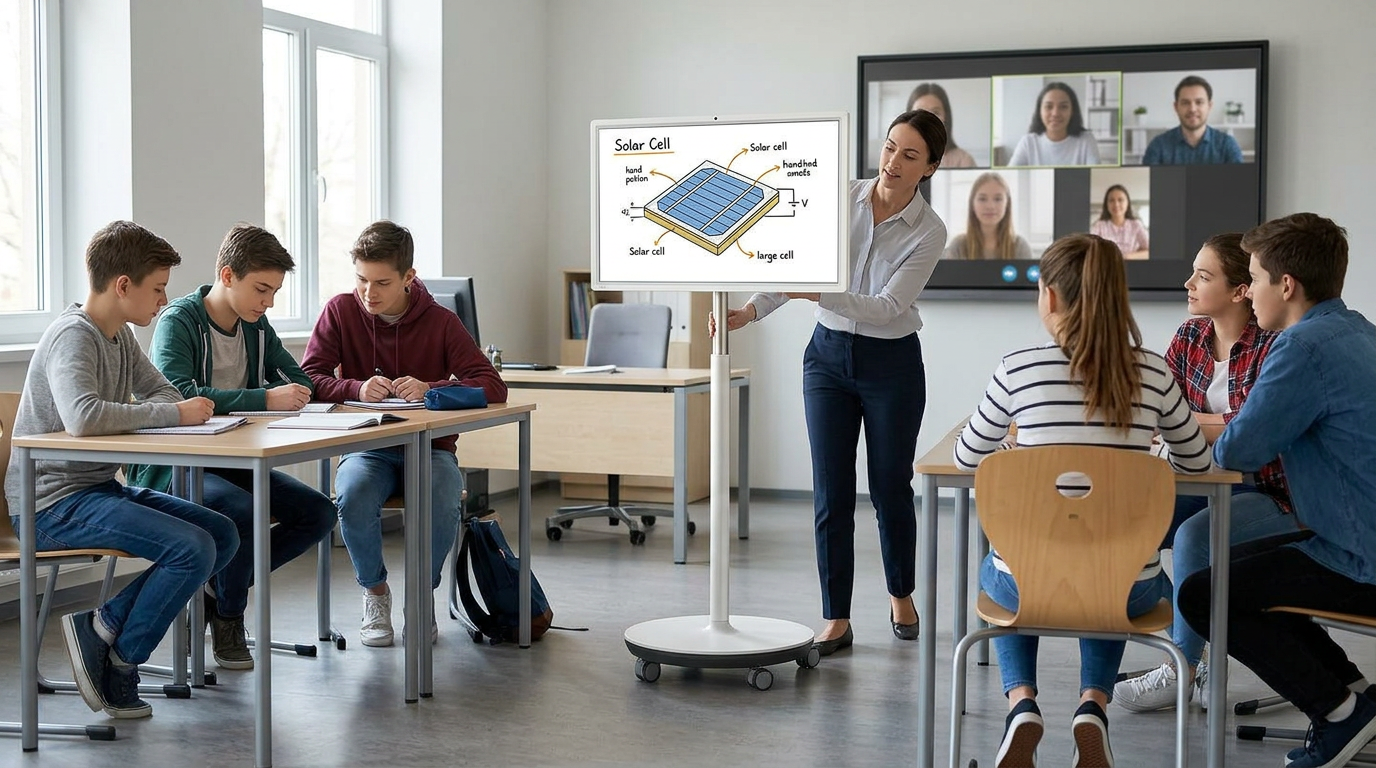 A wheeled classroom touch display moving between student groups in a hybrid learning room