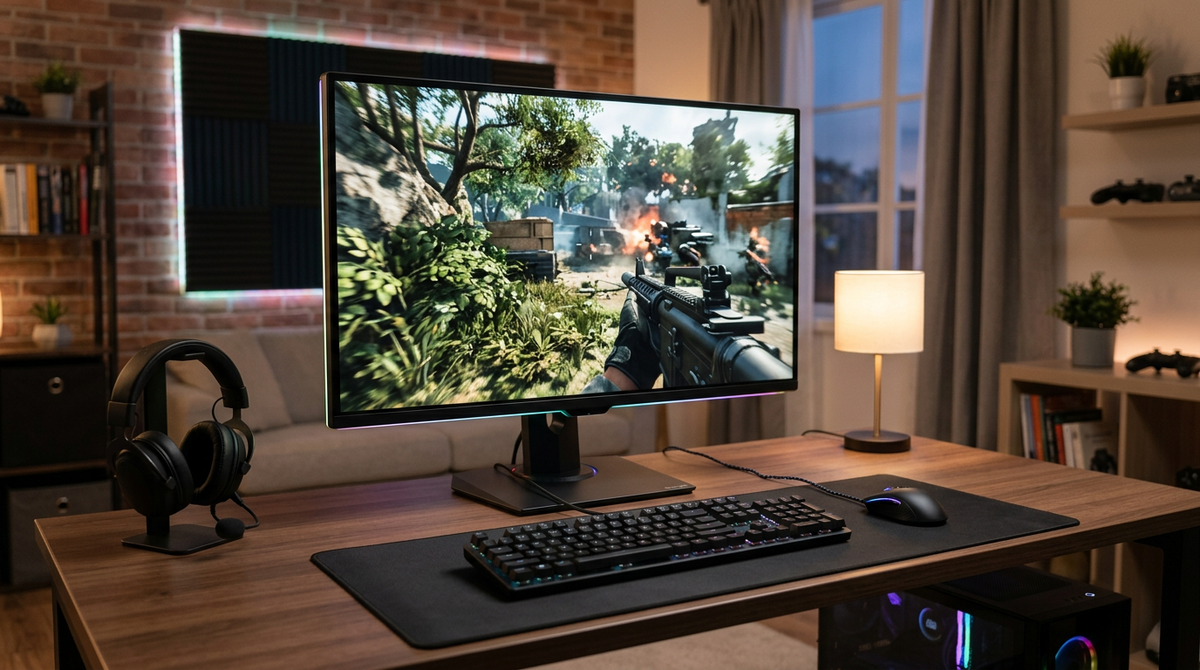Neutral gaming desk with a large 32-inch high-refresh monitor