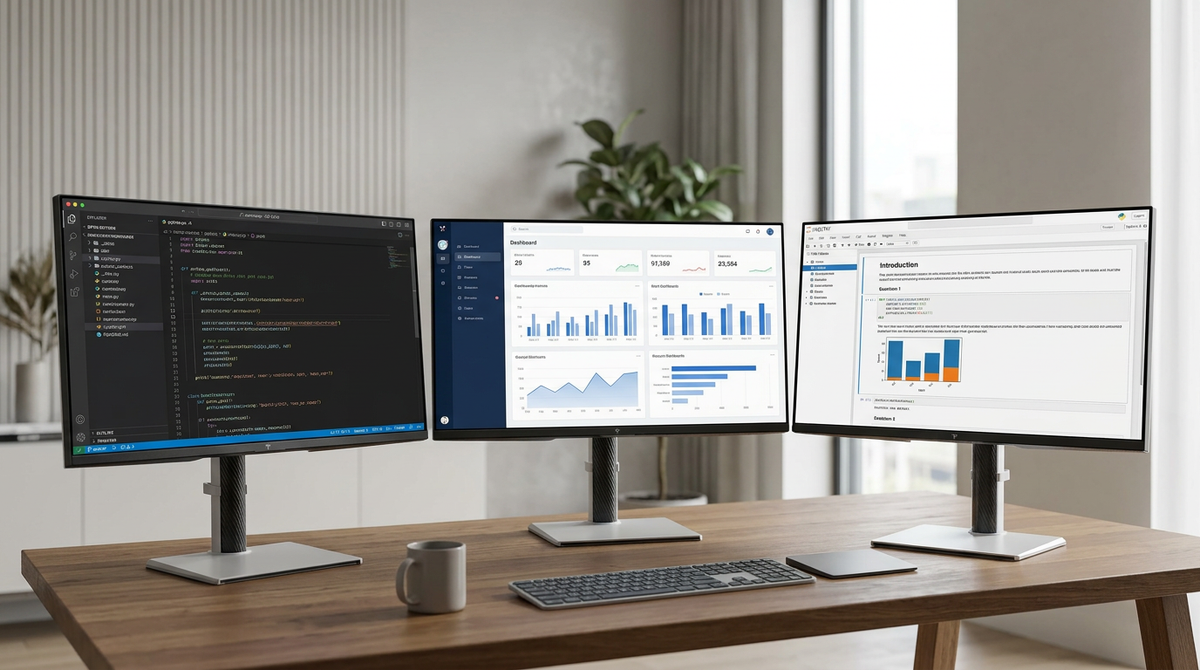 A clean developer desk with two high-resolution monitors showing code, logs, and dashboards in a balanced layout