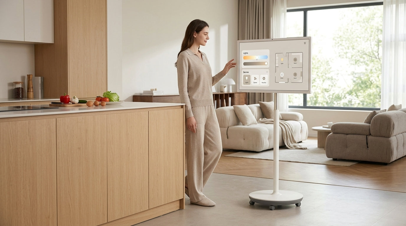 A rolling smart display used as a Matter home command center in a modern living room