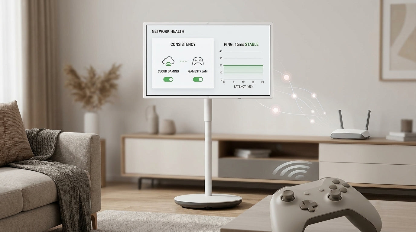 Smart display gaming setup with router and wireless signal path for cloud gaming