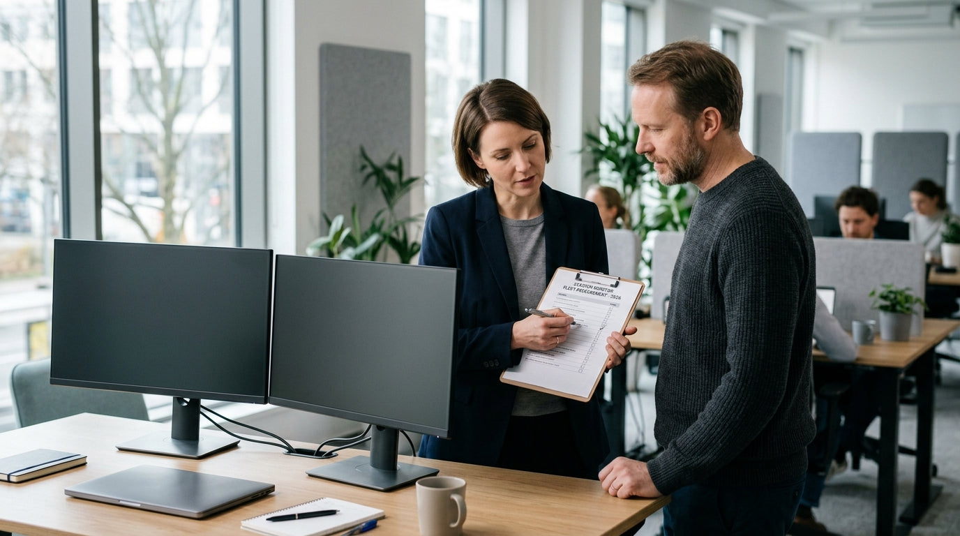 Startup team reviewing monitor fleet procurement options at a desk with multiple displays and a checklist
