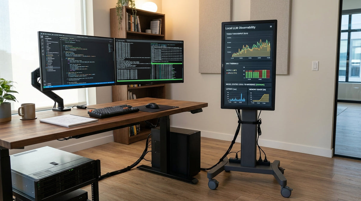 A rolling mobile display used as a local LLM monitoring station beside a coding desk