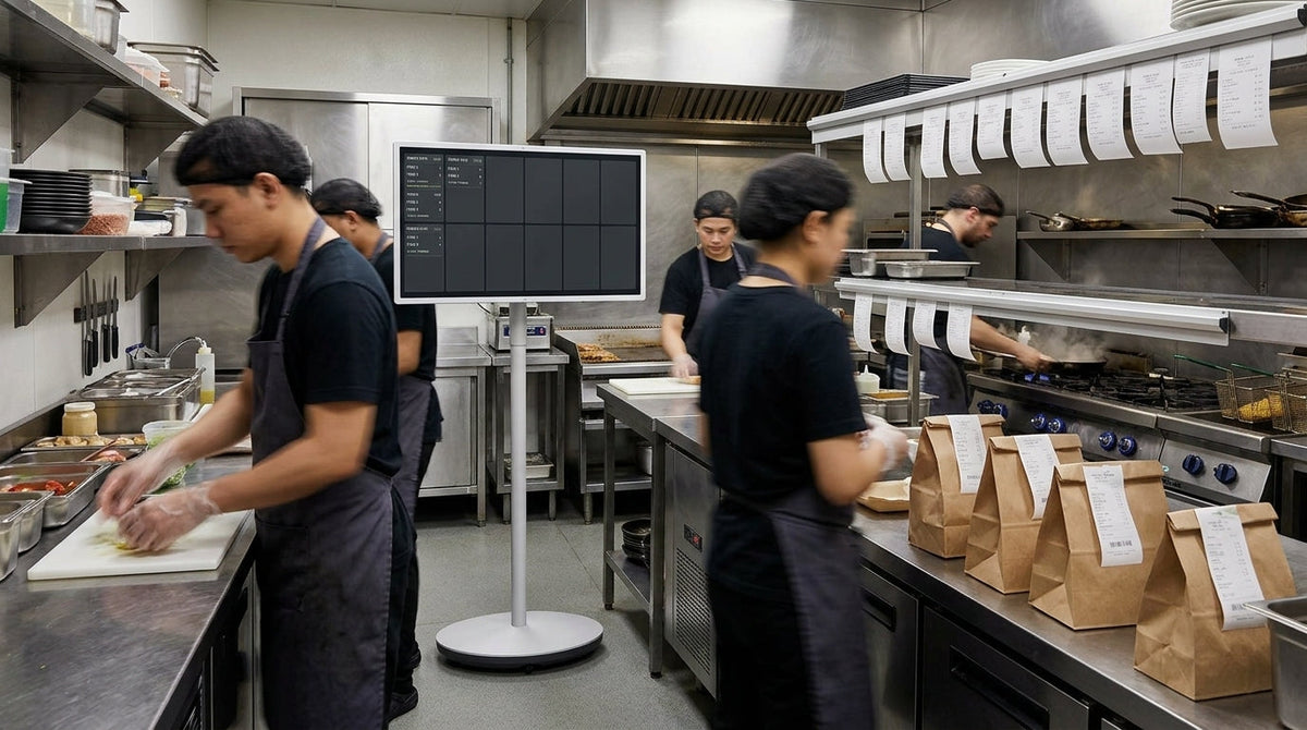 A rolling smart display positioned beside a compact ghost kitchen prep line during a dinner rush.