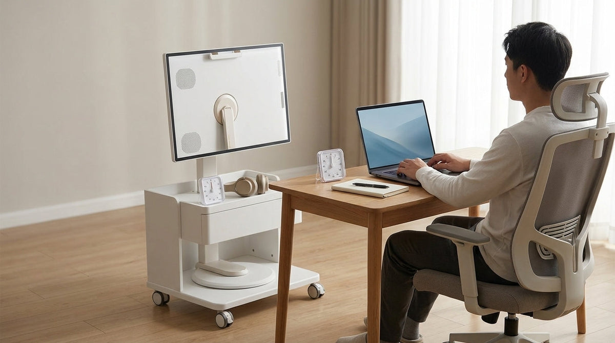 A rolling focus station set up beside a seated person in a shared workspace, showing a mobile screen cart, laptop, notebook, and simple task tools for body doubling support.