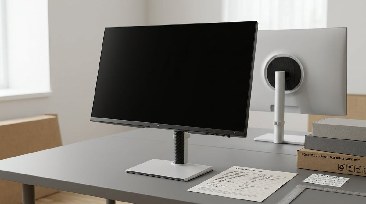 A neutral factory-direct monitor research setup with a spec sheet, panel diagram, and desk accessories